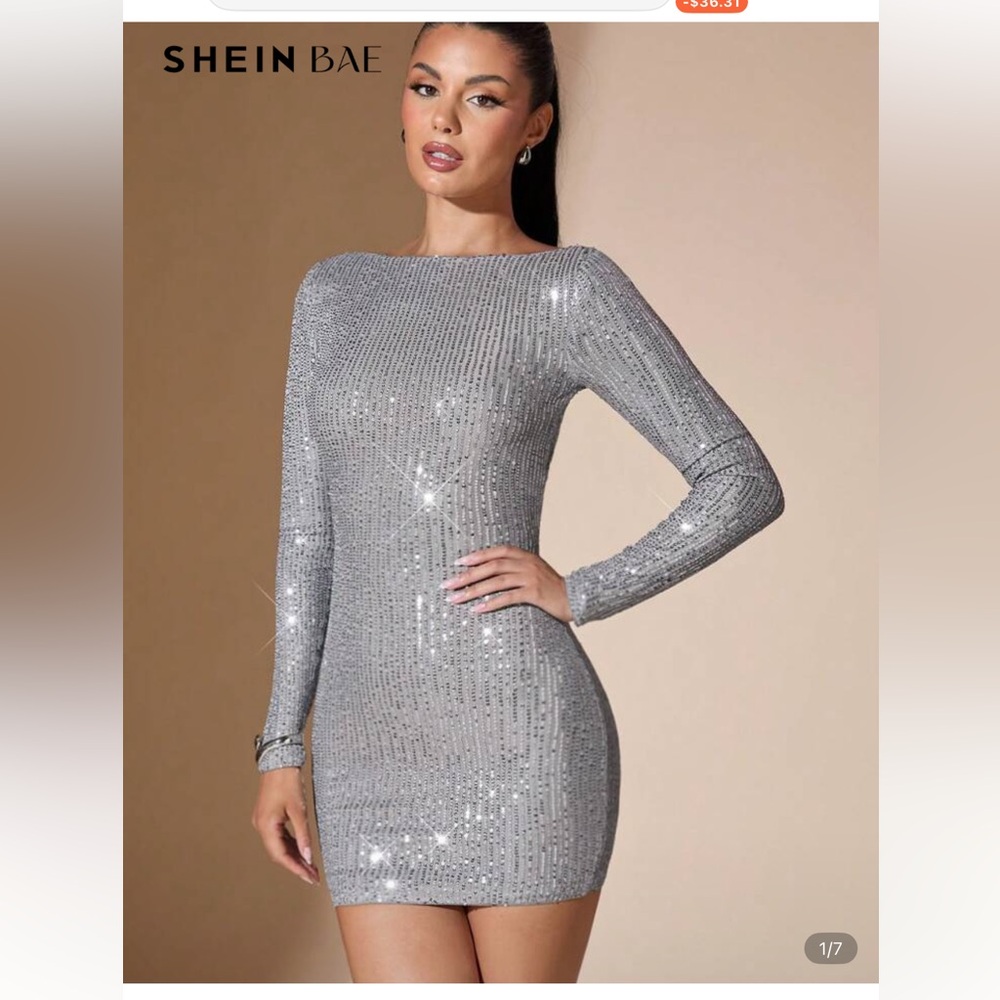 Silver Sequin Long Sleeve Dress